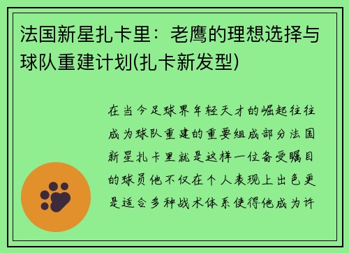 法国新星扎卡里：老鹰的理想选择与球队重建计划(扎卡新发型)
