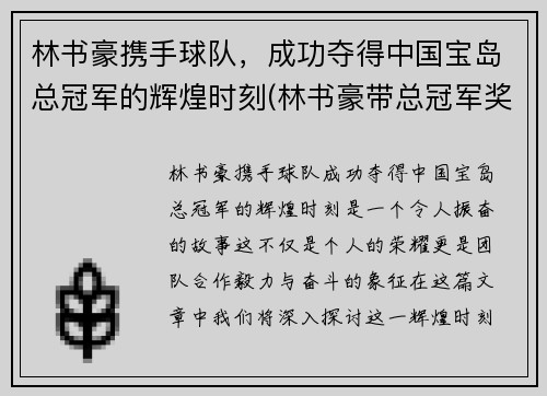 林书豪携手球队，成功夺得中国宝岛总冠军的辉煌时刻(林书豪带总冠军奖杯来中国)