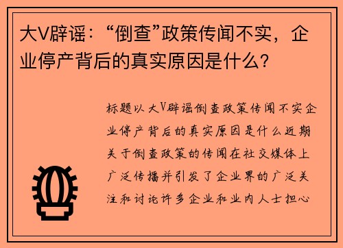 大V辟谣：“倒查”政策传闻不实，企业停产背后的真实原因是什么？