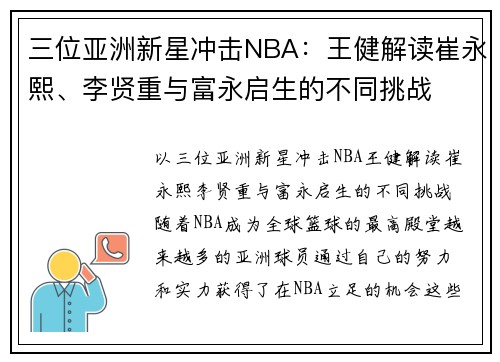 三位亚洲新星冲击NBA：王健解读崔永熙、李贤重与富永启生的不同挑战