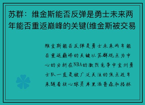 苏群：维金斯能否反弹是勇士未来两年能否重返巅峰的关键(维金斯被交易到勇士)