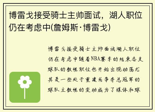 博雷戈接受骑士主帅面试，湖人职位仍在考虑中(詹姆斯·博雷戈)