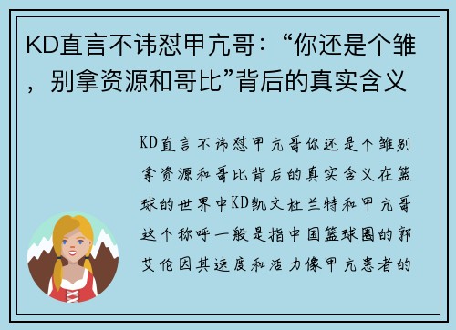 KD直言不讳怼甲亢哥：“你还是个雏，别拿资源和哥比”背后的真实含义