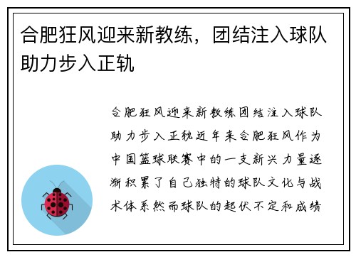 合肥狂风迎来新教练，团结注入球队助力步入正轨