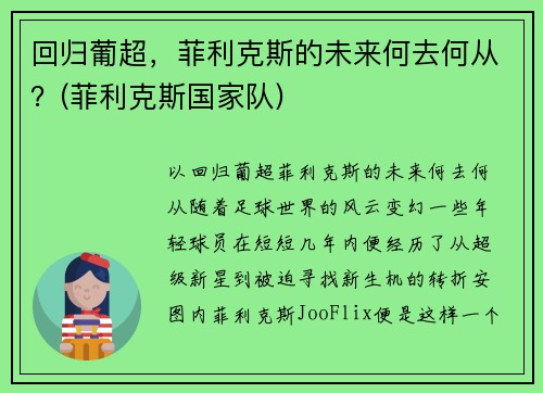 回归葡超，菲利克斯的未来何去何从？(菲利克斯国家队)