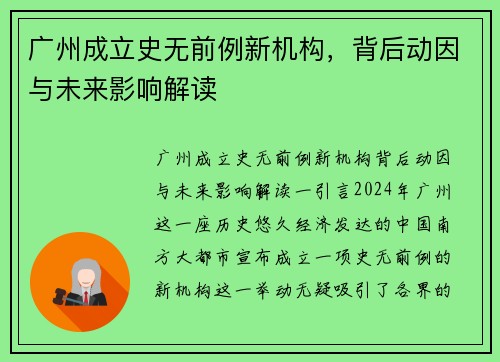 广州成立史无前例新机构，背后动因与未来影响解读