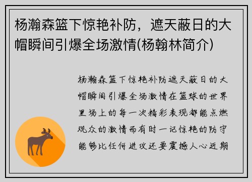 杨瀚森篮下惊艳补防，遮天蔽日的大帽瞬间引爆全场激情(杨翰林简介)