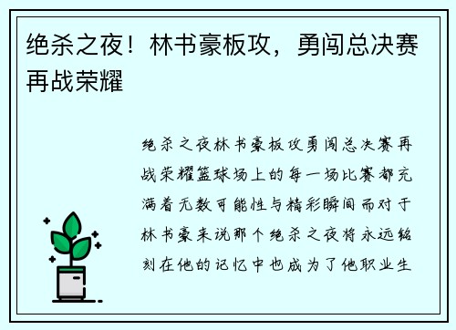 绝杀之夜！林书豪板攻，勇闯总决赛再战荣耀