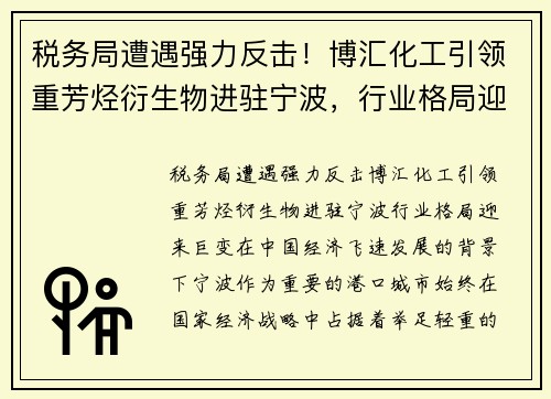 税务局遭遇强力反击！博汇化工引领重芳烃衍生物进驻宁波，行业格局迎来巨变